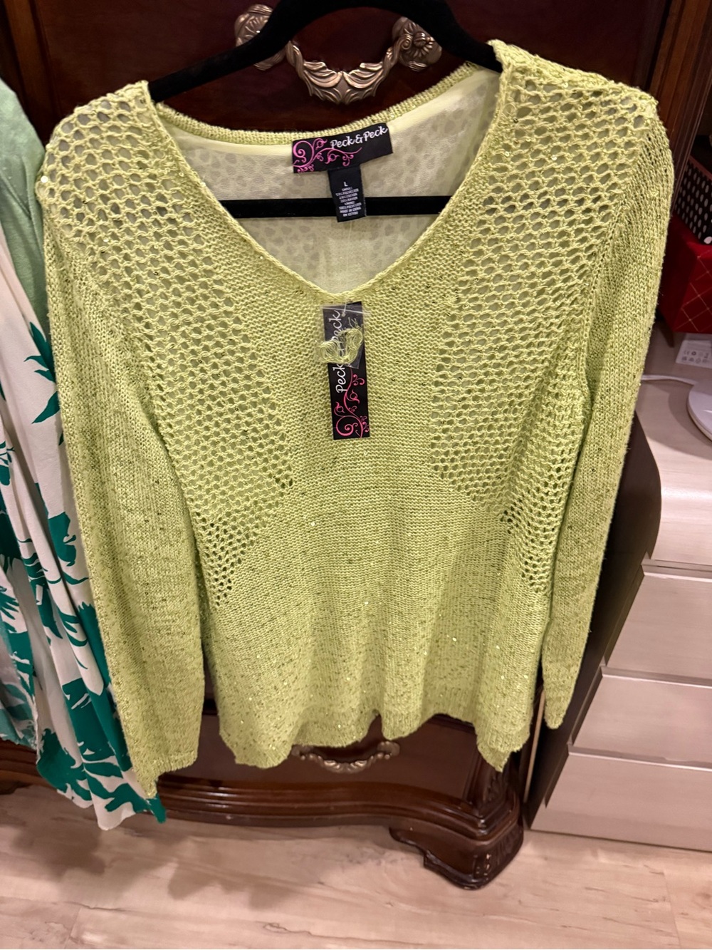 Peck & Peck Bright Lime Open-Knit V-Neck Sweater